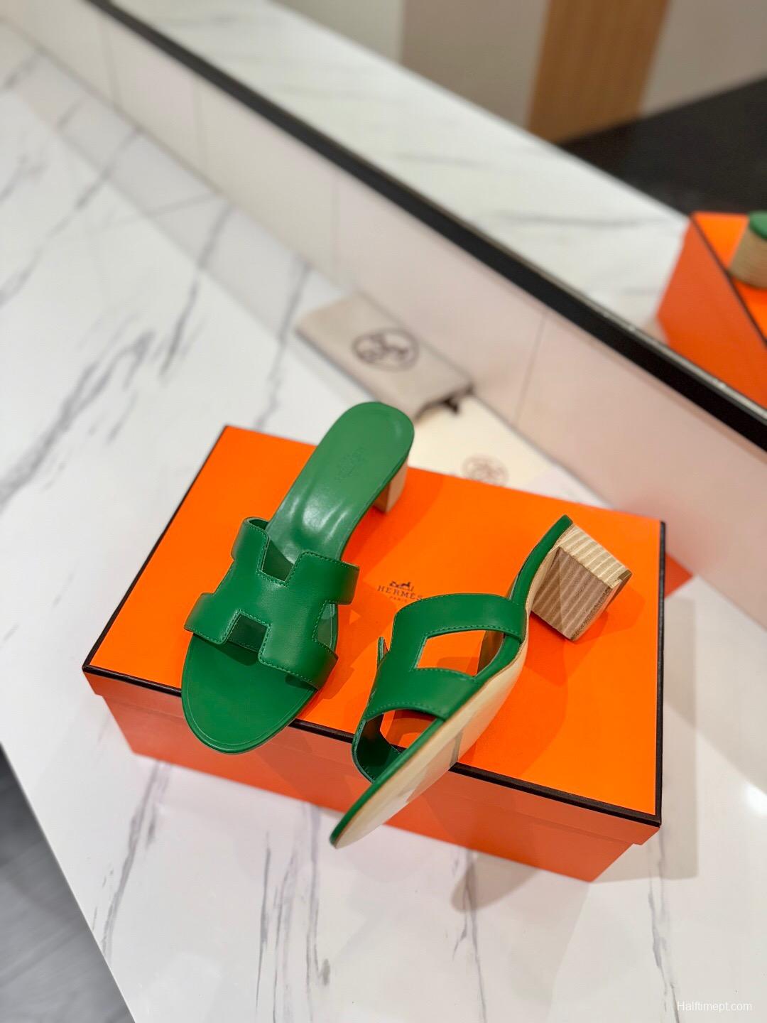 2025 Women Hermès Green Leather Sandal