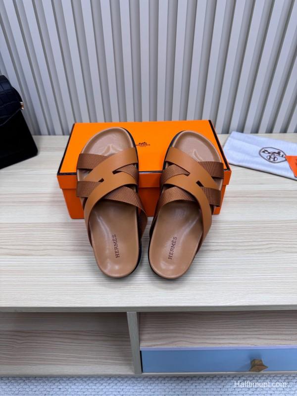 2025 Men Hermès Brown Leather Slippers