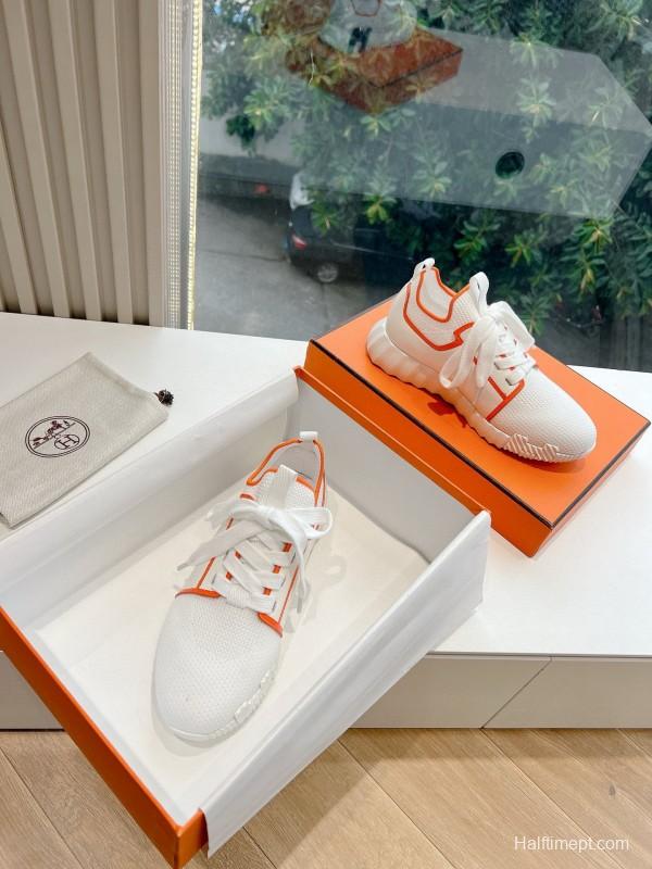 2024 Unisex Hermès white orange knit sneakers