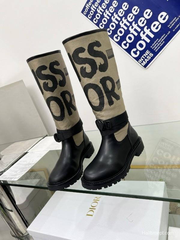 2024 Women Dior black beige leather canvas boots MJ00350
