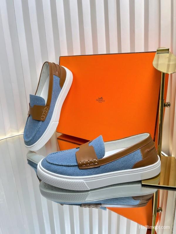 2025 Women Hermès Blue Brown Leather Canvas Loafer LY00310