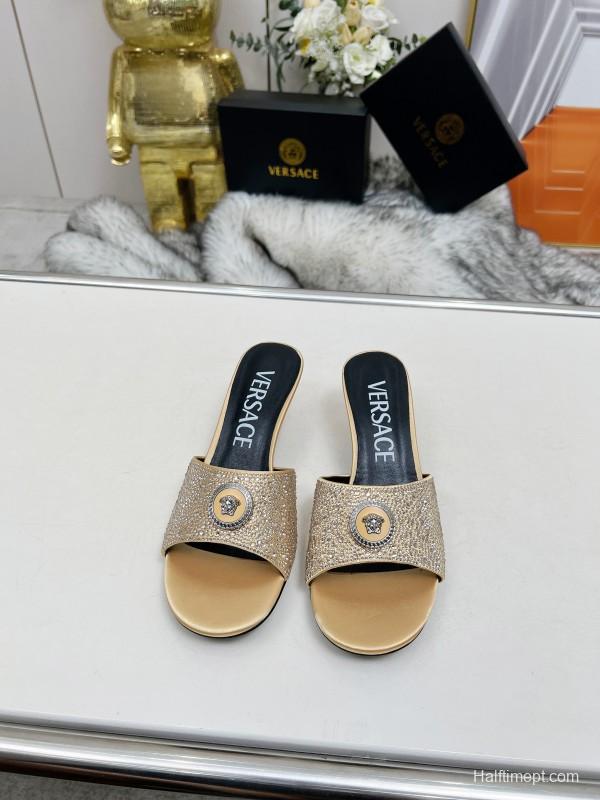 2025 Women VERSACE Gold Silk Rhinestone Heeled Sandals