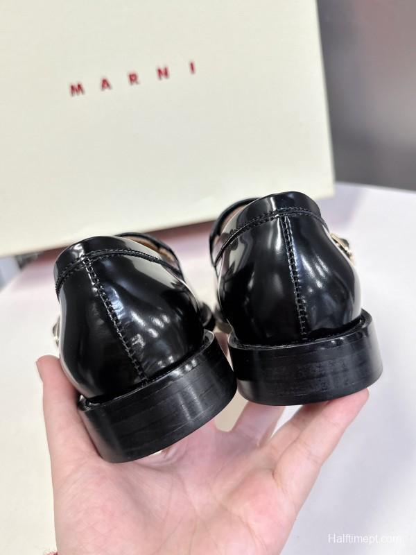 2025 Women Marni Black Leather Loafers KFY00320