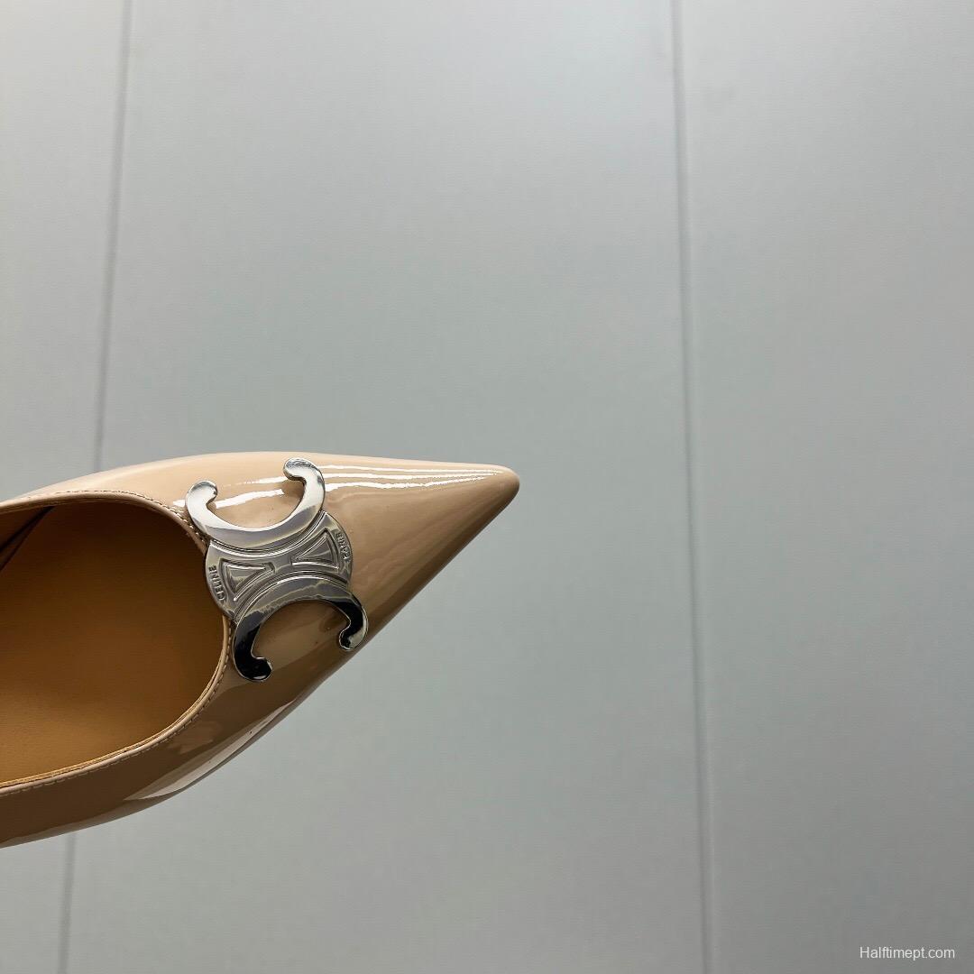 2025 Women Celine Beige Leather Slingback Shoes Metal Buckle