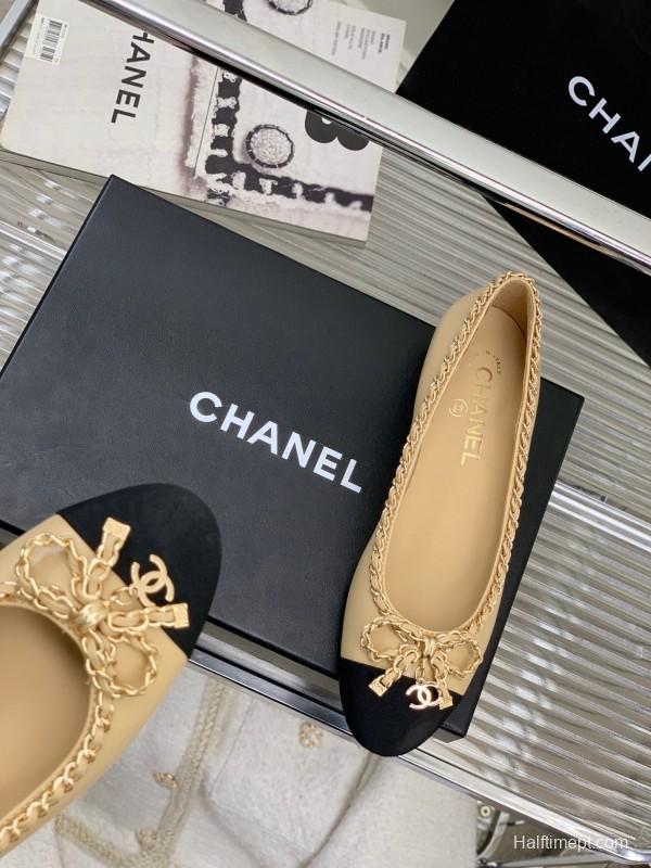 2025 Women Chanel Beige Black Leather Ballet Flats