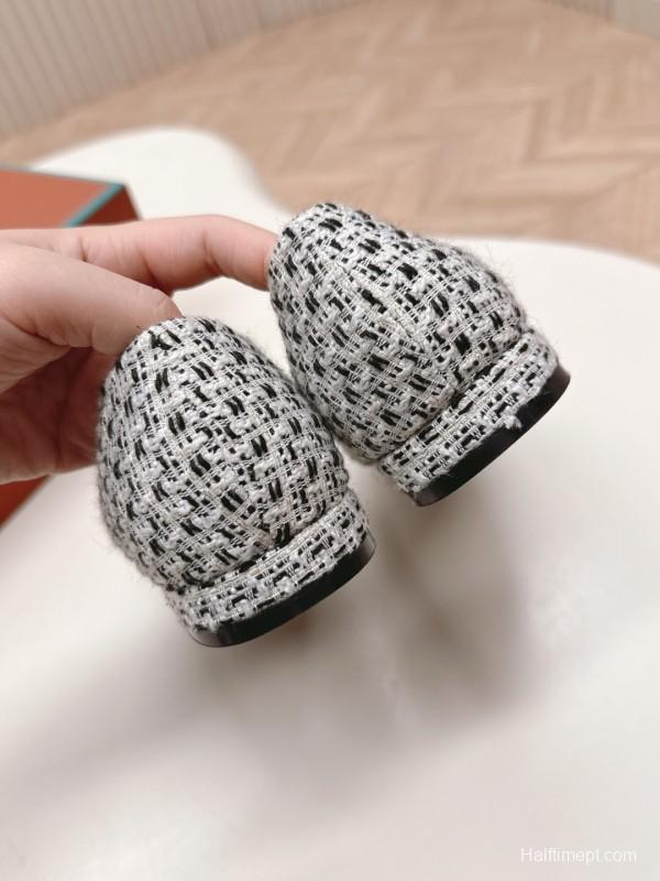 2025 Women Le Parmentier Black White Tweed Leather Pointed Toe Loafers