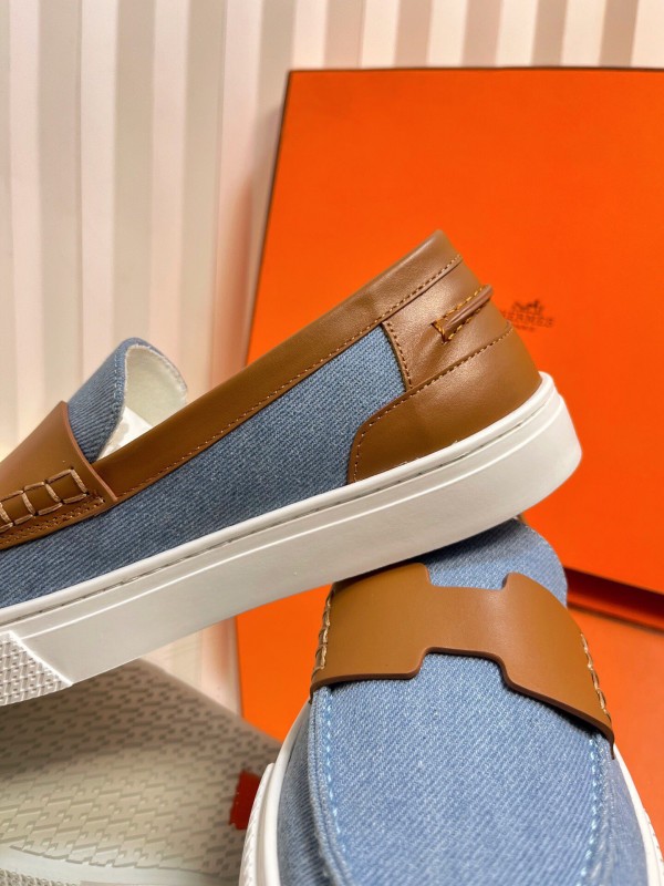 2025 Women Hermès Blue Brown Leather Canvas Loafer LY00310