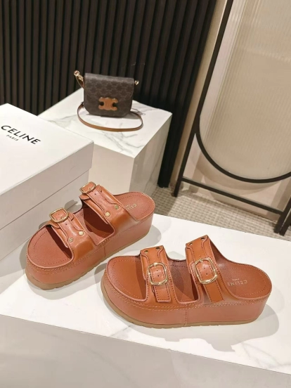 2025 Women Celine Brown Leather Platform Sandals LY00300
