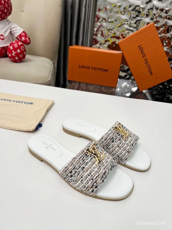 2025 Women Louis Vuitton White Tweed Leather Slippers LY00210
