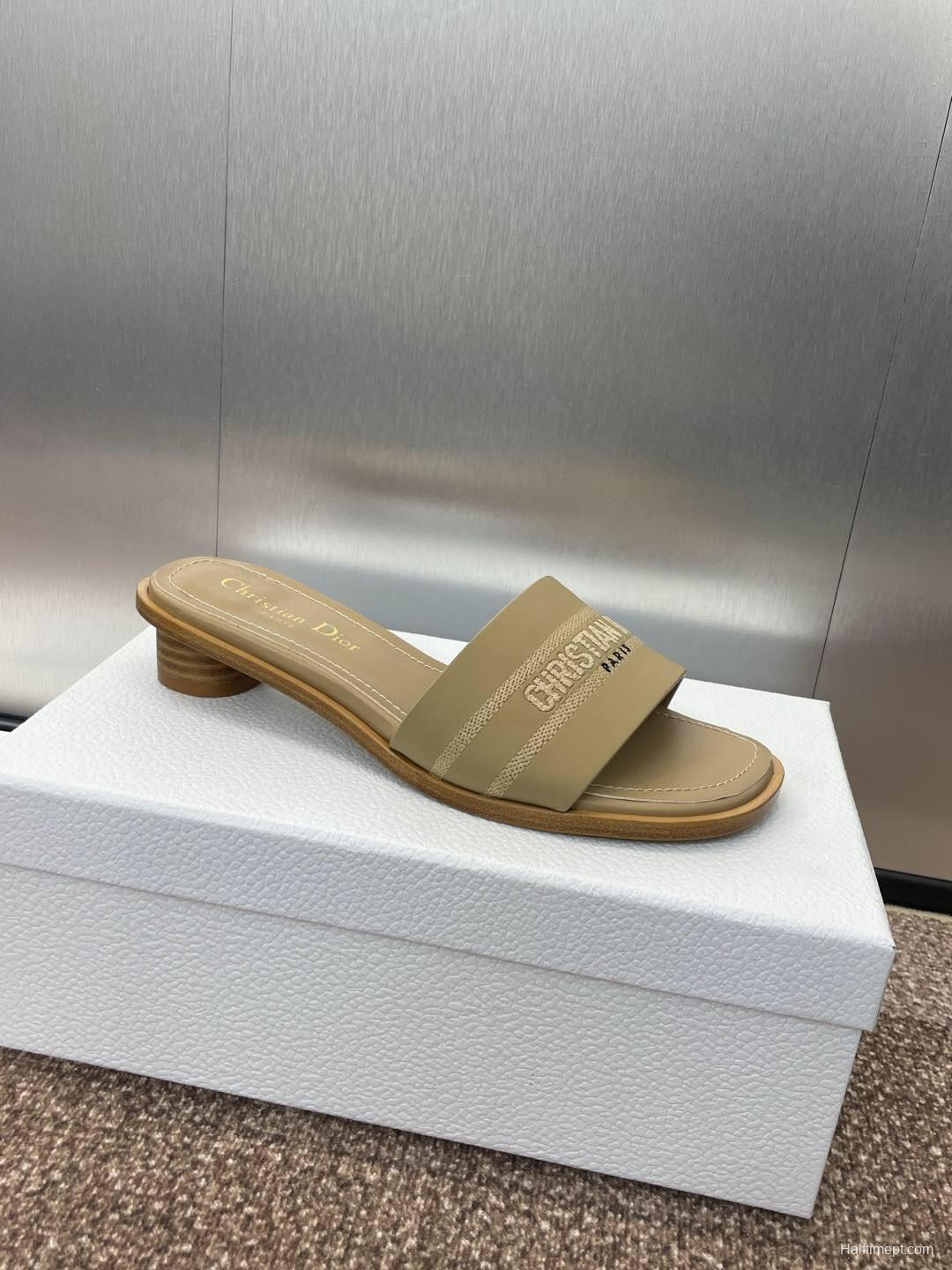 2025 Women Dior Beige Fabric Slide Sandals KFY00300