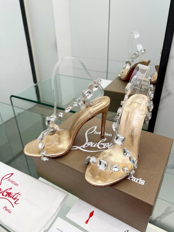 2025 Women Christian Louboutin Gold PVC Crystal High Heel Sandals LY00300