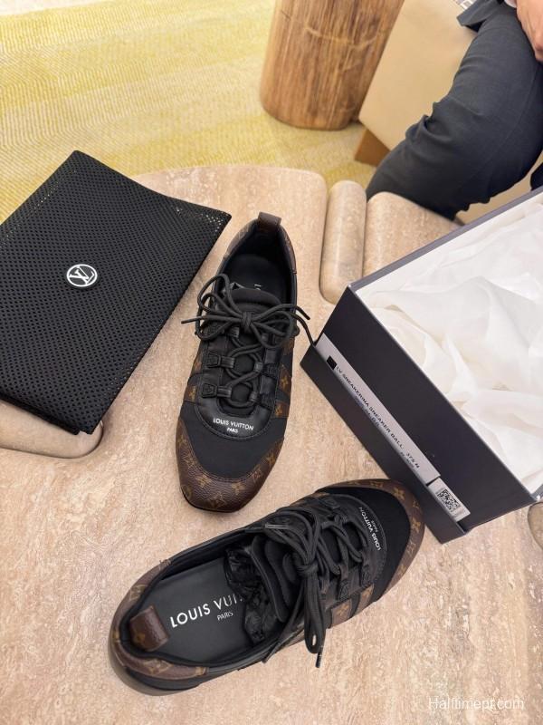 2025 Unisex Louis Vuitton Black Brown Canvas Leather Sneakers LY00340