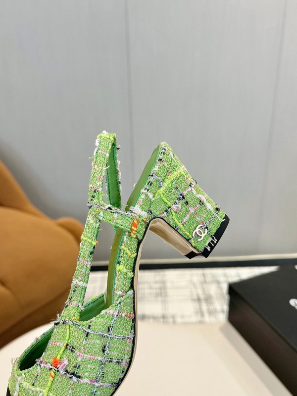 2025 Women Chanel Green Black Fabric Leather Slingback Shoes