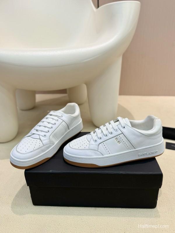 2024 Unisex Yves Saint Laurent White Silk Leather Sneakers SL61 MJ00350