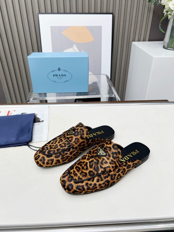2025 Women Prada Leopard Calf Hair Slippers LY00260