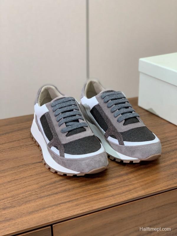 2025 Unisex Brunello Cucinelli Black Grey White Suede Leather Casual Sneakers LY