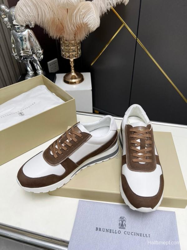 2024 Men Brunello Cucinelli White Brown Leather Suede Sneakers MJ00360