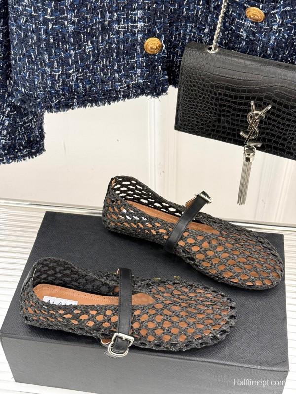 2025 Women AlAIA Black Leather Woven Mary Jane