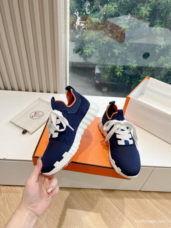 2024 Unisex Hermès Navy Brown Calfskin Suede Knit Sneakers MJ00290