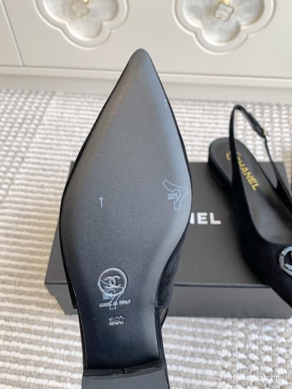 2025 Women Chanel Black Suede Slingback Heart Logo Flats KFY00300