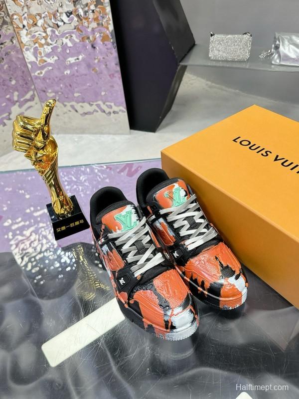 2024 Unisex Louis Vuitton Orange Black White Leather Denim Plimsolls Artist Hand-drawn MJ00780