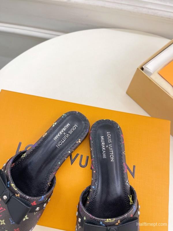 2025 Slippers Louis Vuitton Black Multicolor Monogram Leather Bow KFY00290