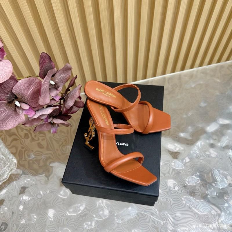 2025 Women Yves Saint Laurent Brown Leather High Heel Sandals Metal Logo MJ00310