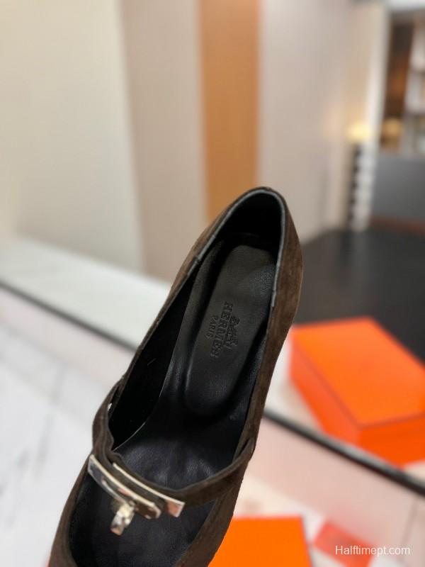 2025 Women Hermès Black Suede Mary Jane Shoes KFY00330