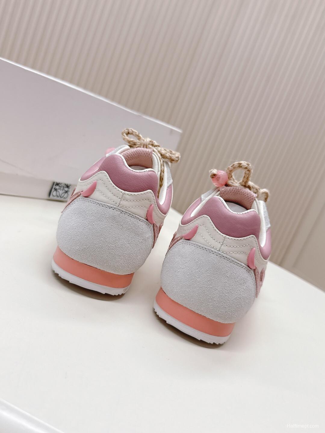 2025 Women Loewe Pink White Leather Balletrunner Ballet Sneakers KFY00300(F)