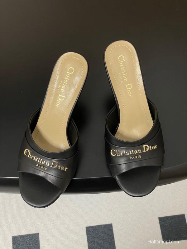 2025 Women Dior Black Leather High Heel Mules