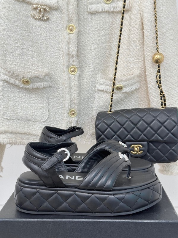 2025 Women Chanel Black Leather Sandals Platform