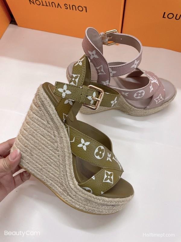 2025 Women Louis Vuitton Pink Beige Green Leather Denim Espadrilles Sandals MJ00280