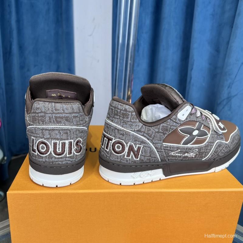 2025 Unisex Louis Vuitton Brown Grey Leather Trainer