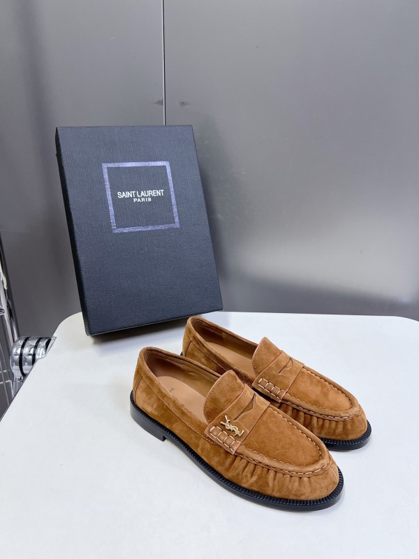 2025 Women Yves Saint Laurent Brown Suede Loafers KFY00350