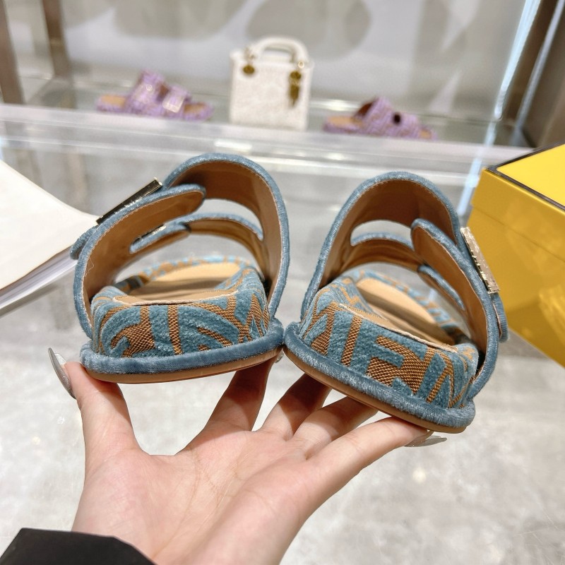 2025 Fendi Blue Beige Jacquard Fabric Slippers Buckle MJ00230