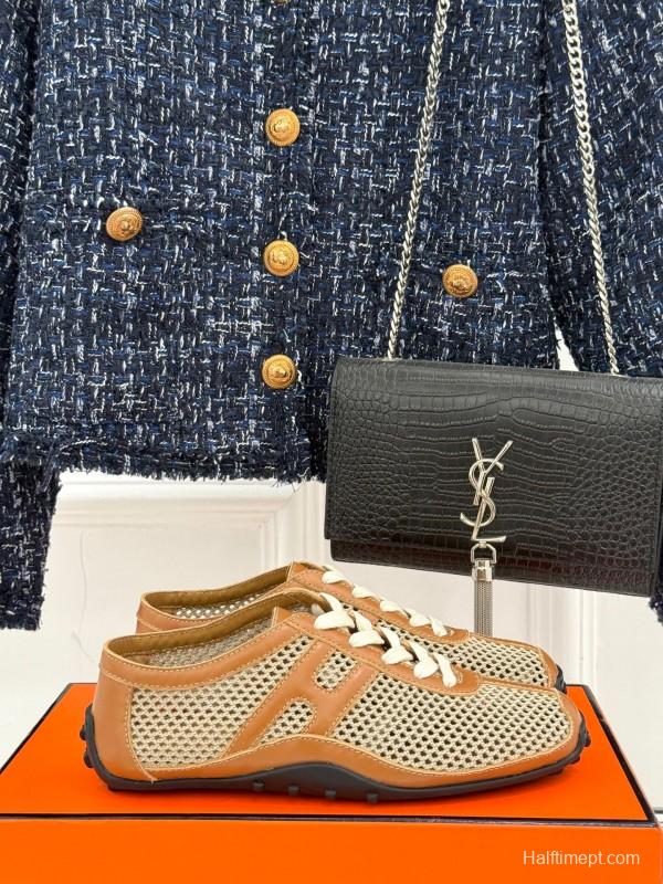 2025 Women Hermès Beige Brown Leather Mesh Casual Shoes
