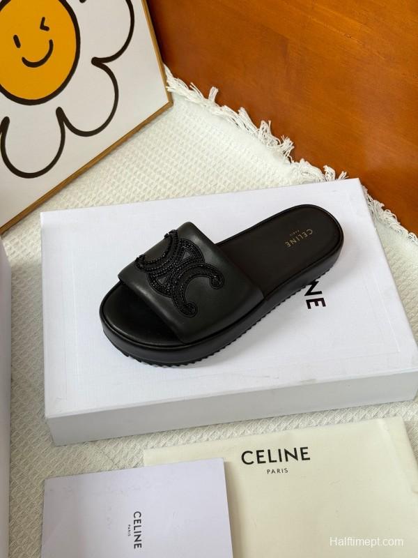 2025 Slippers CELINE Black Leather Slippers KFY00250