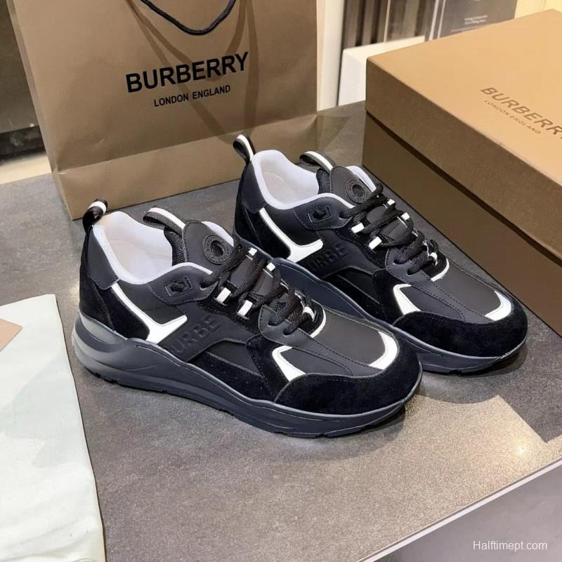 2025 Unisex Burberry Black White Leather Suede Sneakers MJ00380