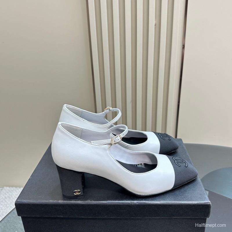 2025 Women Chanel White Black Leather Mary Jane Double Strap CC Logo KFY00290