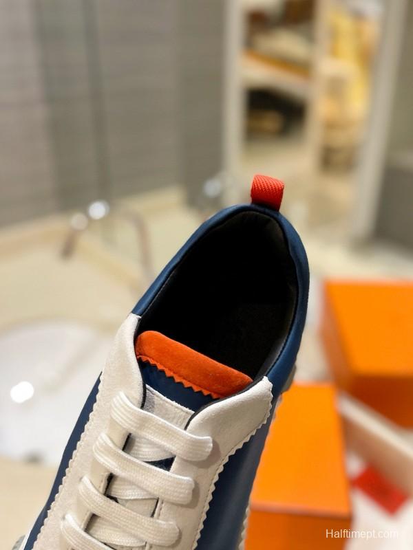 2024 Unisex Hermès Blue White Orange Imported Silk Lambskin Nubuck Sneakers MJ00320
