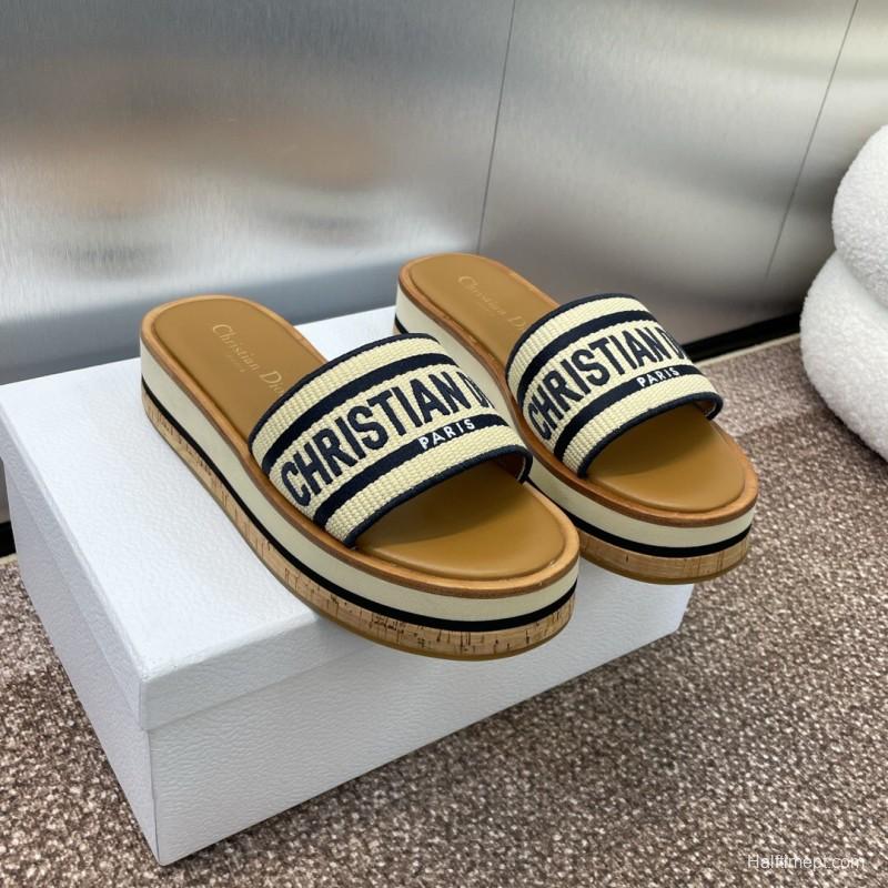 2025 Slippers Dior Beige Navy Canvas Leather Platform CHRISTIAN DIOR CD004