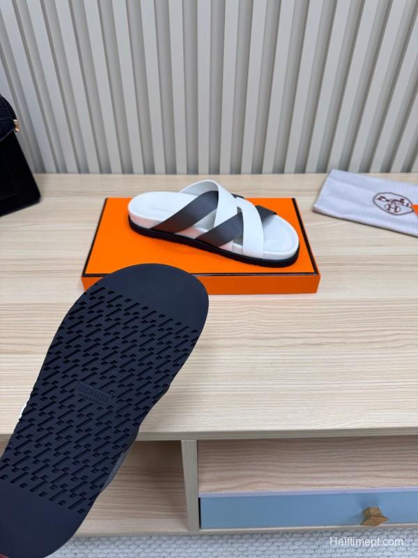 2025 Men Hermès White Black Leather Slippers