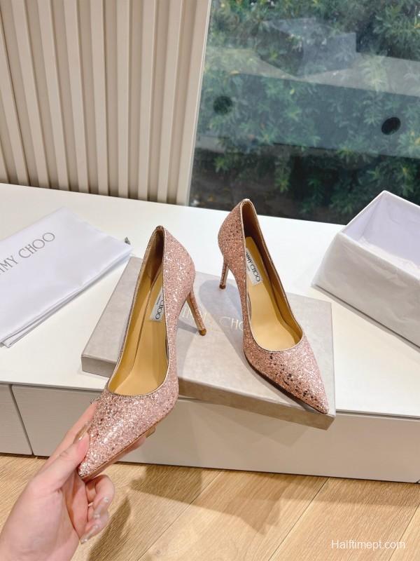 2025 Women Jimmy Choo Pink Glitter Leather Pointed Toe Pumps KFY00280