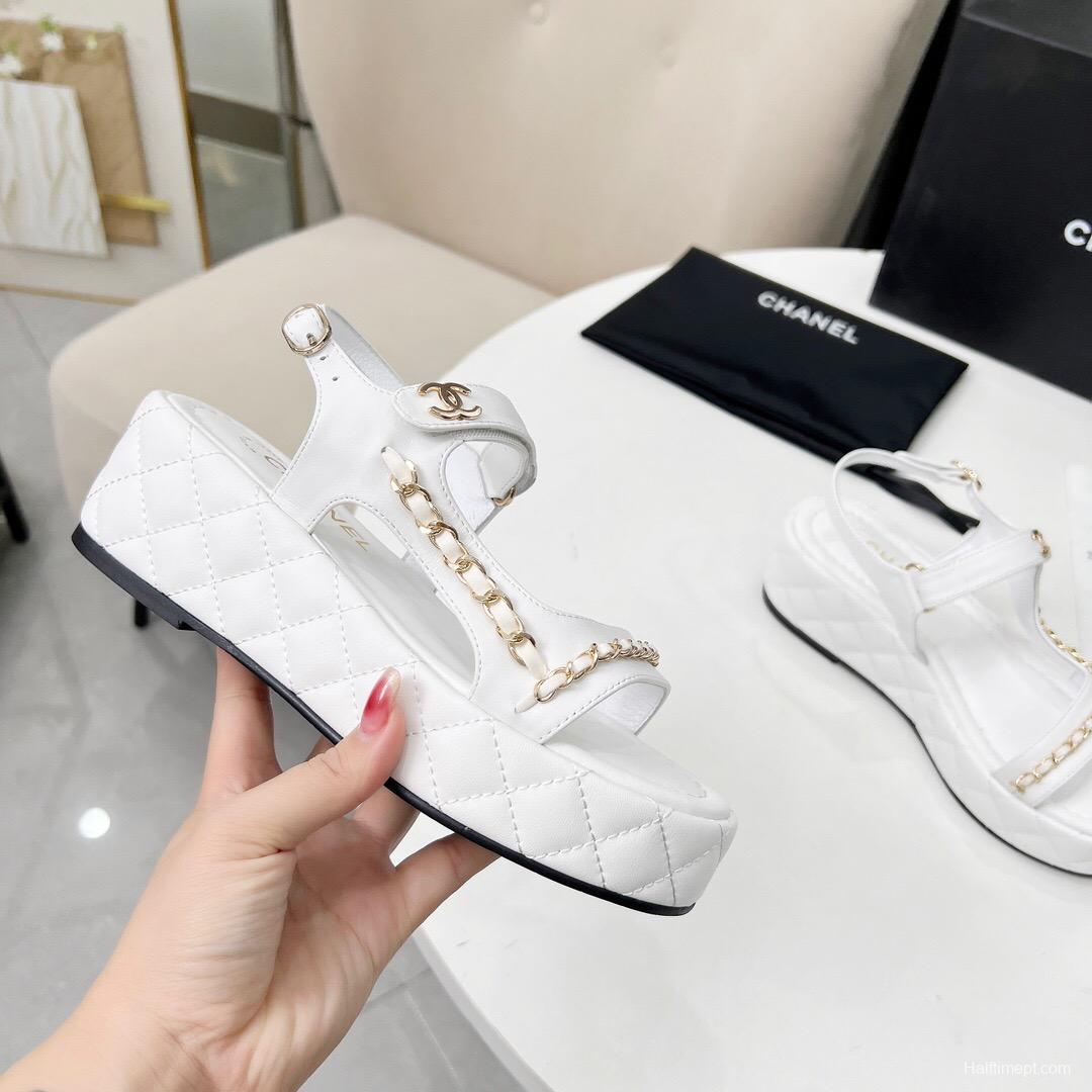 2025 Women Chanel White Leather Sandals Chain LY00260