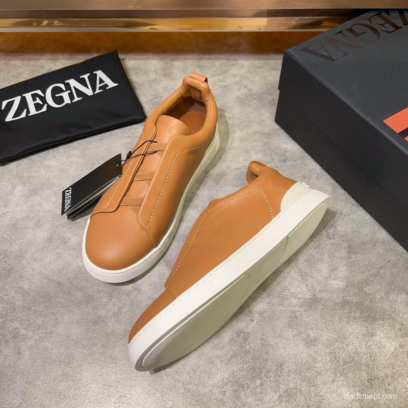 2024 Men Ermenegildo Zegna Camel Calf Leather Sneakers