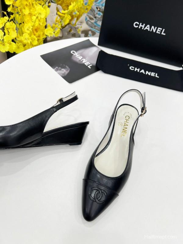 2025 Women Chanel Black Leather Slingback Flats