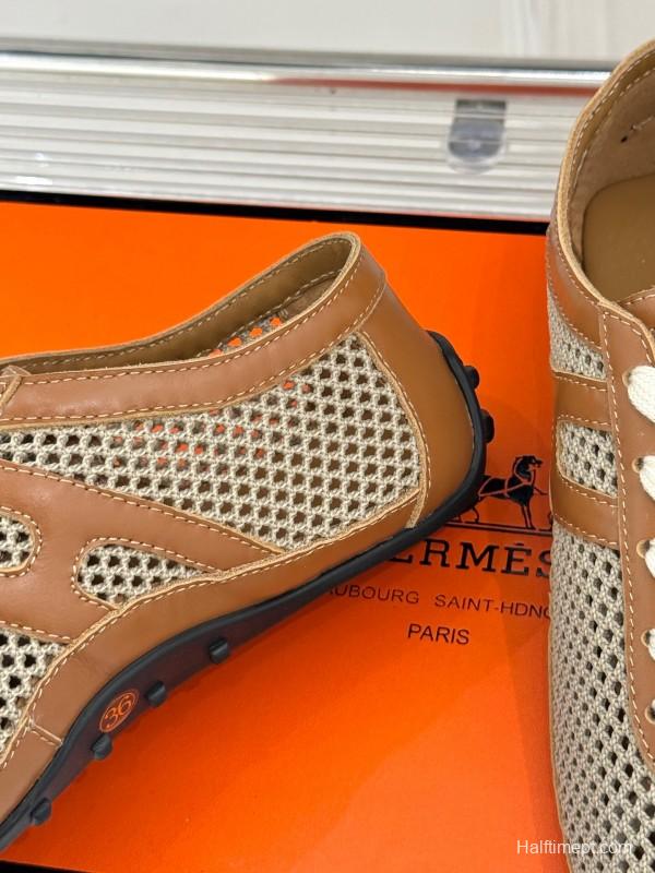 2025 Women Hermès Beige Brown Leather Mesh Casual Shoes