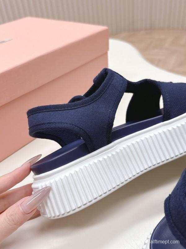 2025 Women Miu Miu Navy Canvas Sandals LY00420
