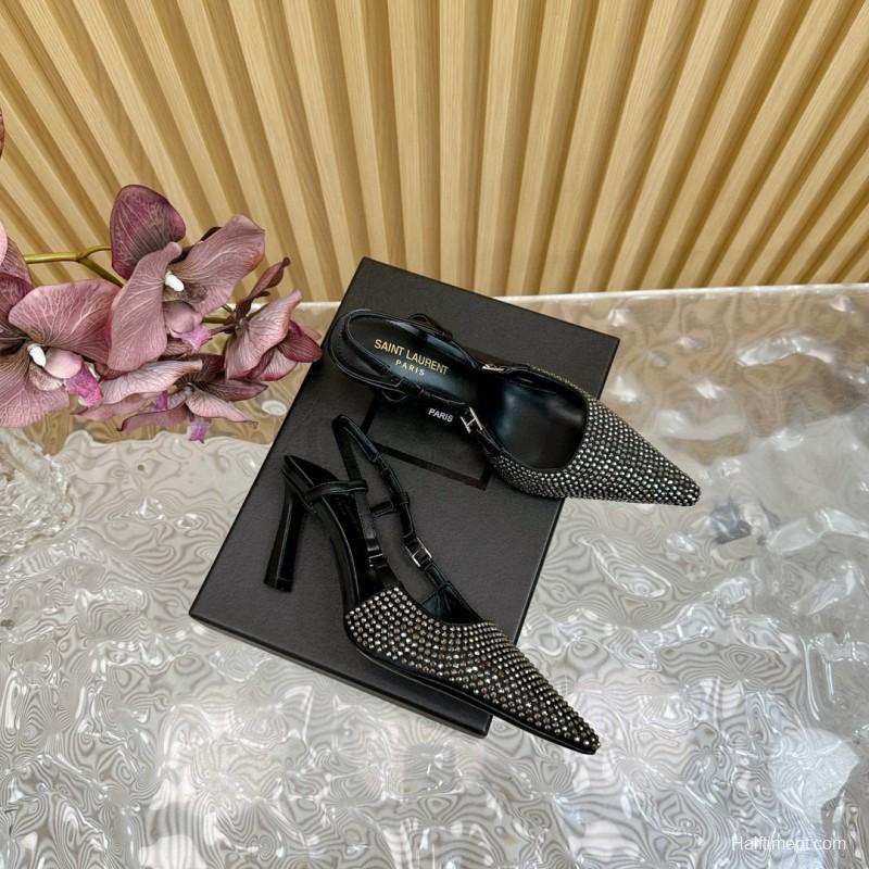 2024 Women Yves Saint Laurent Black Silk Slingback Pumps Crystal Embellishment MJ00320