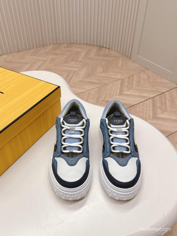 2025 Unisex Fendi Blue White Black Leather Mesh Plimsolls Embossed Badge